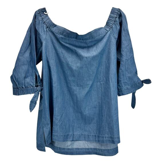 Ann Taylor Loft Off Shoulder Chambray Bow Sleeve Blouse Med - Picture 1 of 10